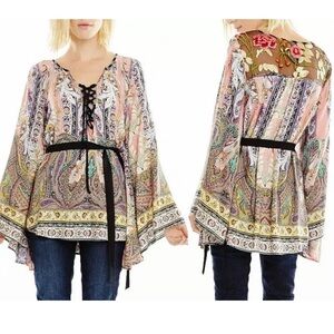 Aratta Silent Journey Embroidered Paisley Power Lace-Up Bell Sleeve Blouse